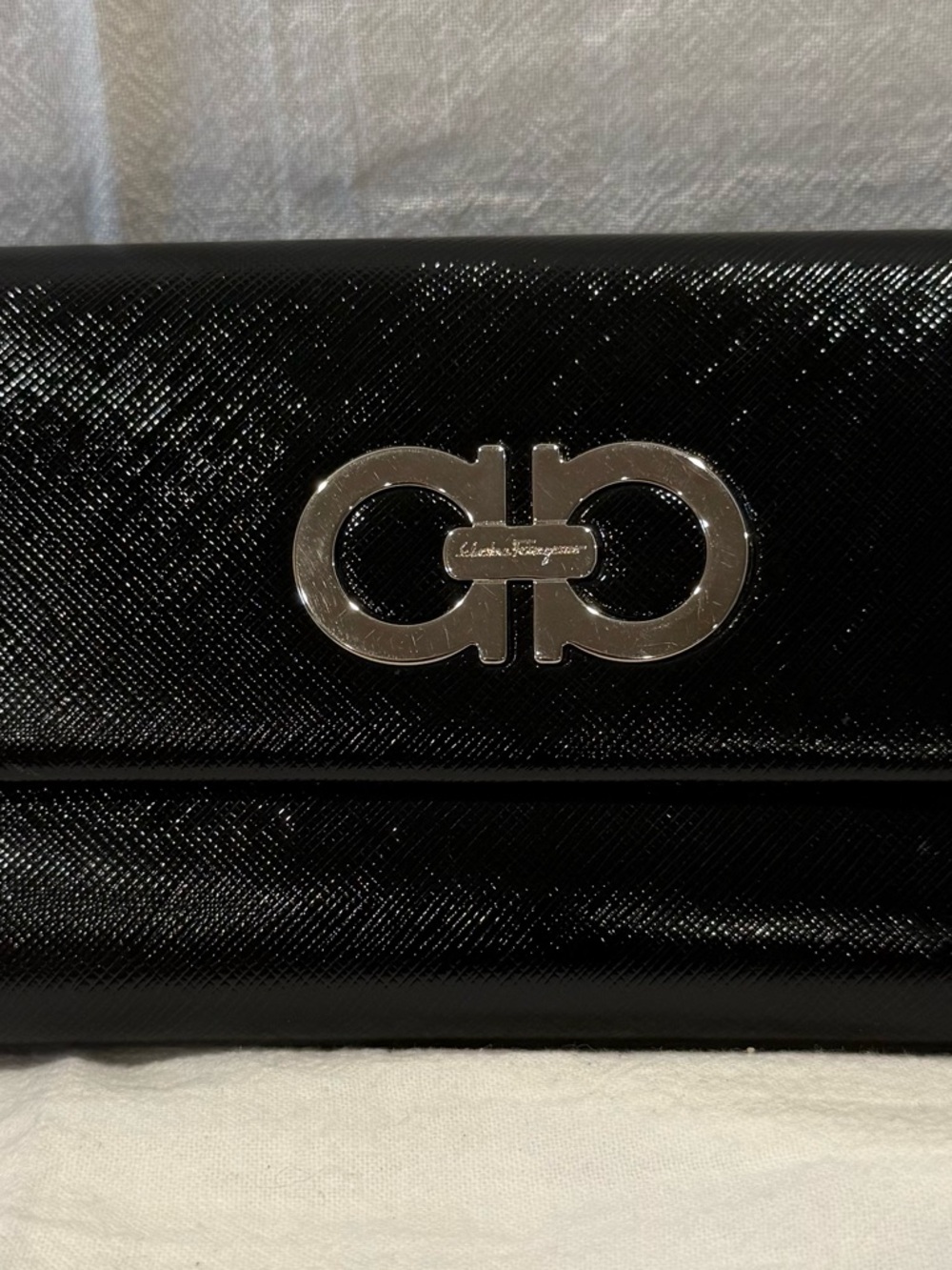 Salvatore Ferragamo Black Saffiano Leather Clutch/Wallet with Silver Gancini